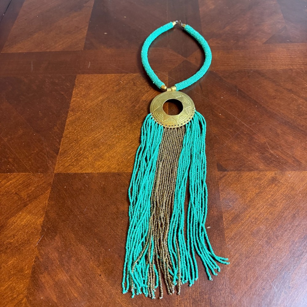 Artisan Style Beaded Fringe Necklace Turquoise Brass Medallion Boho Statement